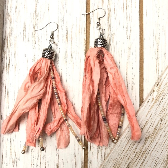 Handmade Jewelry - Handmade Sari Silk and Seed Bead Tassel Earrings